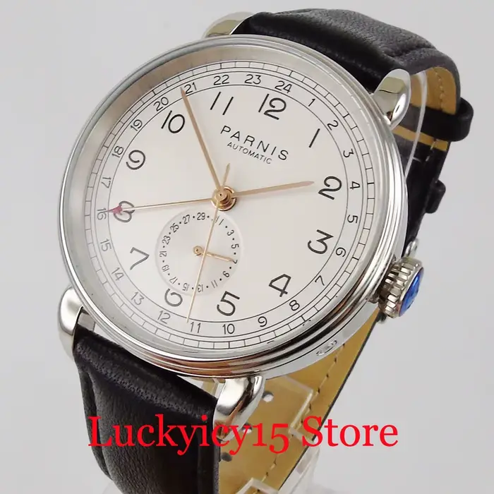 Montre-bracelet pour homme PARNIS ronde GMT, mouvement à remontage automatique, marques en or rose, 