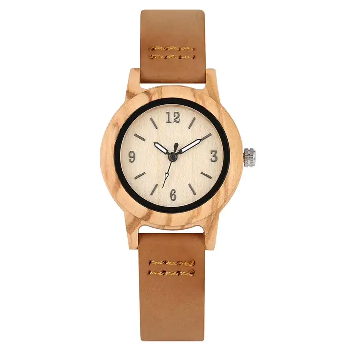 Montre en bois et cuir véritable marron pour femme, montre élégante pour femme, montre à quartz en b