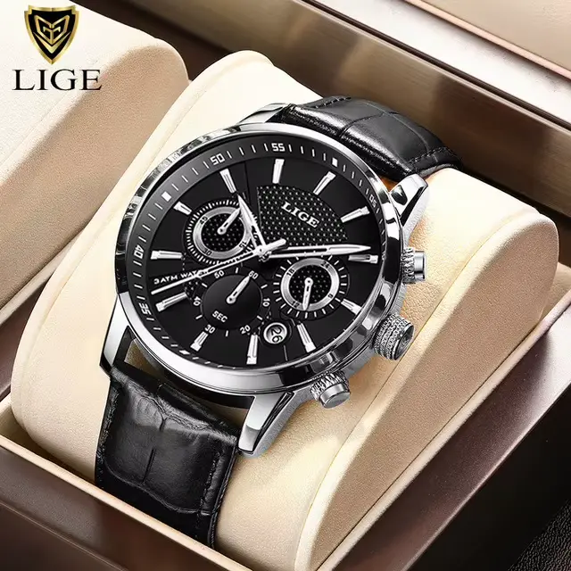 LIGE nouvelle montre en cuir marron pour hommes haut tendance marque de luxe hommes montres à Quartz