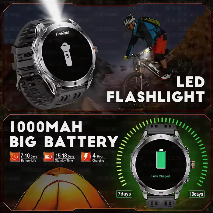 Montre connectée GPS avec écran AMOLED 1.75 pouces, plus de 100 modes sportifs, boussole, altimètre, baromètre, suivi de la santé, résistance à l'eau jusqu'à 100 mètres, autonomie de 7 à 10 jours