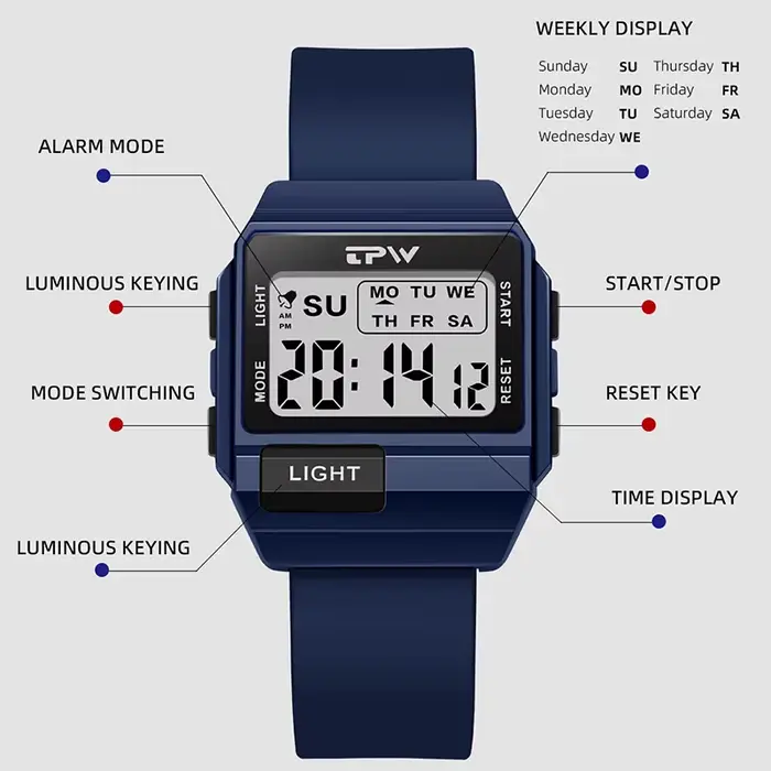 TPW 36mm montre numérique de taille moyenne pour les femmes compteur adolescent résistant à l'eau