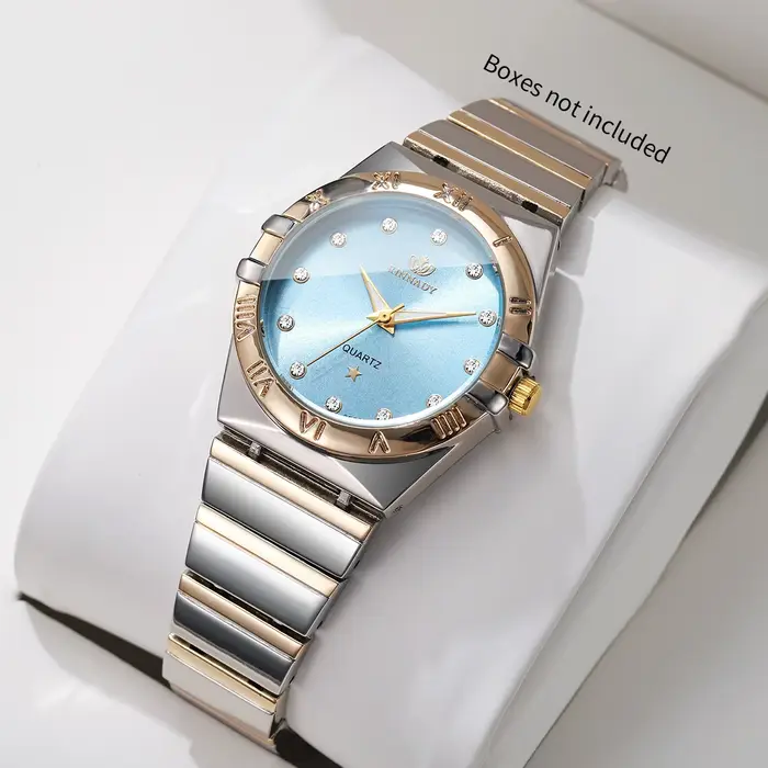 Montre à Quartz élégante pour femmes, bracelet en métal bicolore, décor en strass, cadran bleu clair