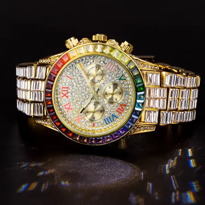 Montres-bracelets à quartz homme chronographe résistante à l'eau arc-en-ciel multicolore acier inoxydable occassions spéciales