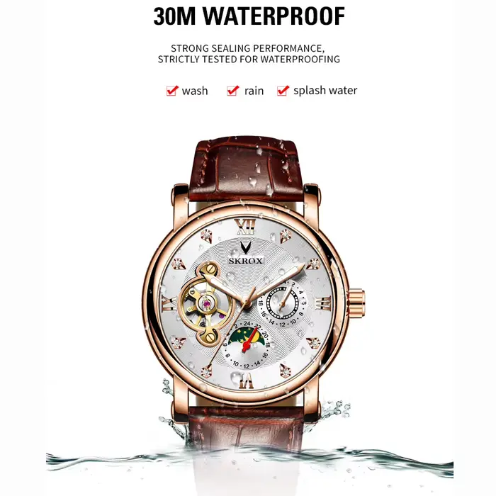 Montre SKROX Phase de lune Tourbillon Automatique à Remontage Automatique en Acier Inoxydable Cuir Pour Homme Occasions Spéciales