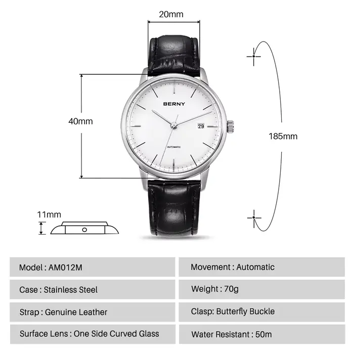 Montre automatique BERNY AM012M élégante avec Miyota 9015 pour hommes occasions spéciales minimaliste résistante à l'eau