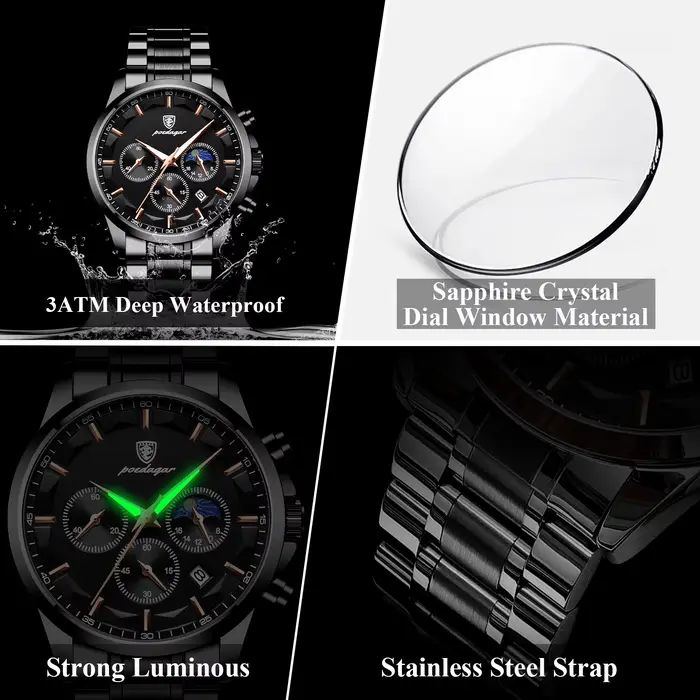 POEDAGAR Top mode hommes montres étanche lumineux en acier inoxydable hommes montre-bracelet chronog