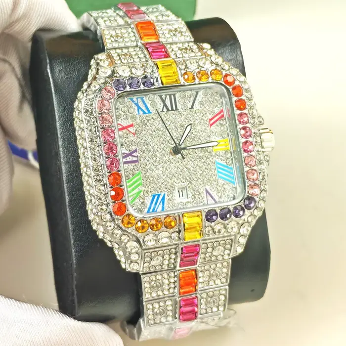 Montre Homme Quartz Diamant Arc-en-ciel Entièrement Sertie Or Gypsophile Vintage Forme Carrée Hip Hop Reloj