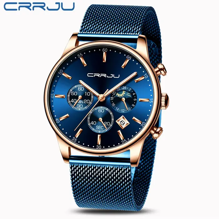 Relogio Masculino CRRJU montre à Quartz de luxe pour hommes cadran bleu montres