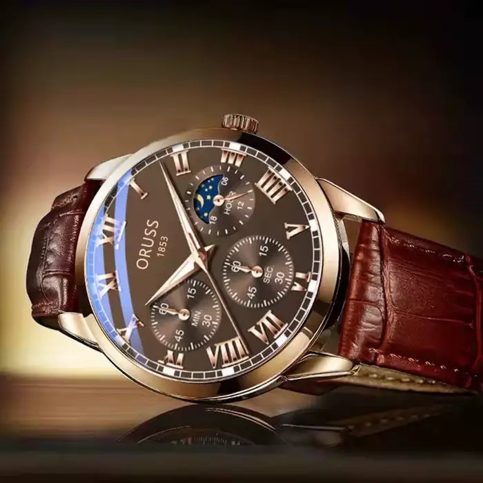 Montre en alliage avec bracelet en cuir résistant à l'eau pour hommes cadran romain aiguilles lumineuses occasions spéciales