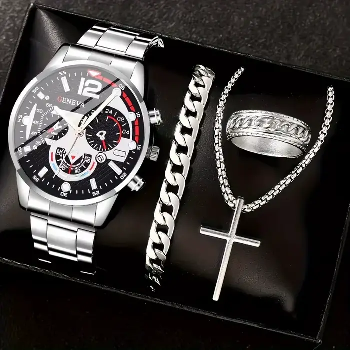Ensemble de 4 montres à quartz pour hommes en alliage d'or avec calendrier romain et collier croix, 