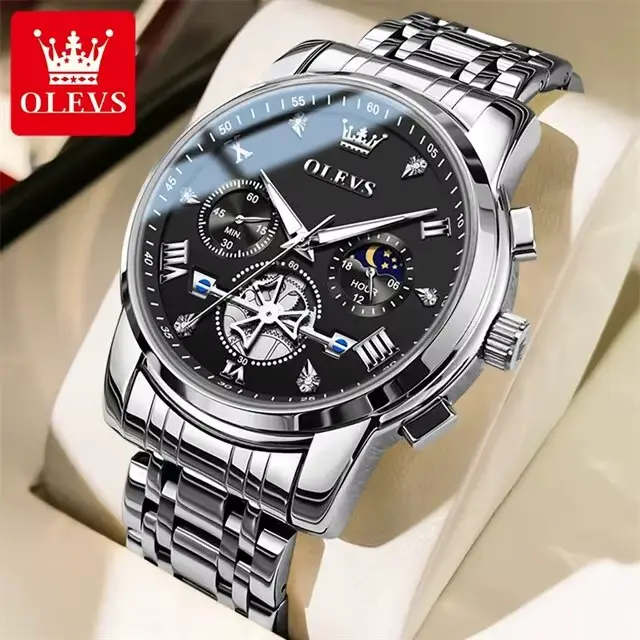 OLEVS 2856 homme montre 24 heures Phase de lune chronographe étanche lumineux multifonction Original