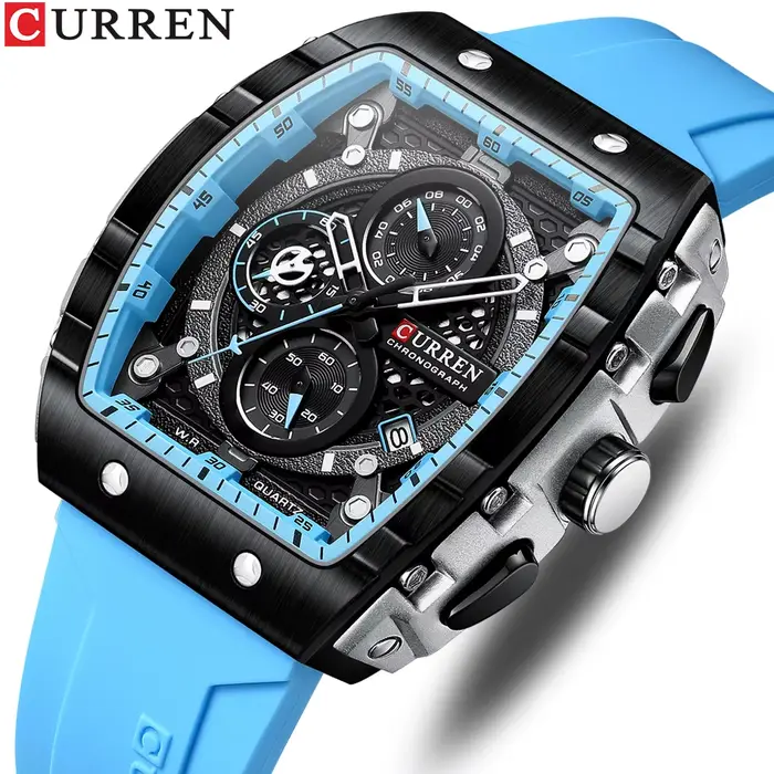 CURREN Tonneau cadran montre de Sport pour hommes mode montre-bracelet à Quartz étanche avec Date automatique bracelet en Silicone jaune lumineux