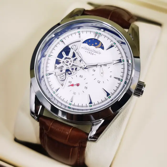 Montre mécanique AOKULASIC avec tourbillon, résistance aux chocs et affichage lumineux pour homme, cuir et acier inoxydable, parfait pour occasions spéciales et quotidien