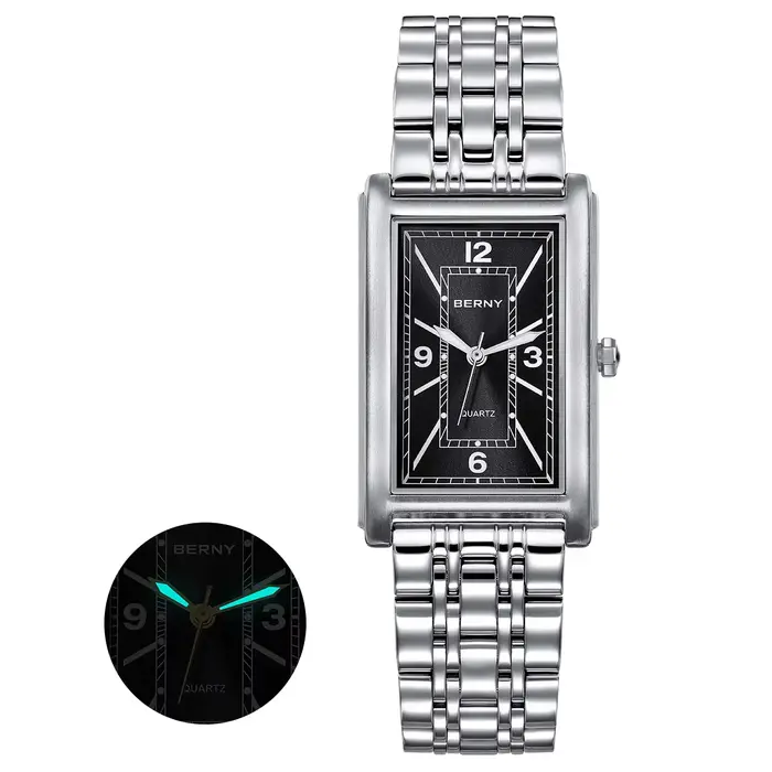 BERNY carré hommes montre lumineux Quartz chiffre romain cadran 316L acier inoxydable décontracté mo
