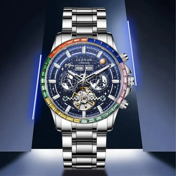 Montre mécanique de luxe GLENAW Design New Rainbow Circle pour homme