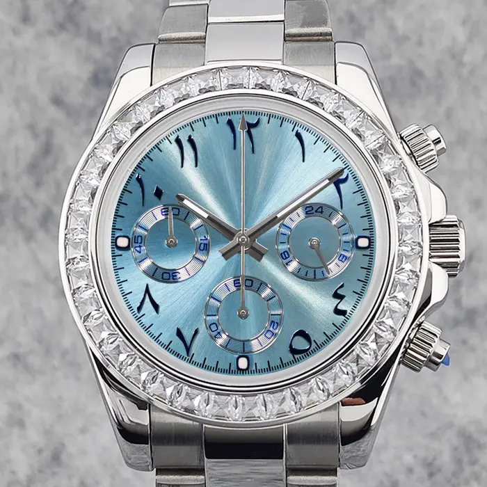 OUMASHI 42mm argent diamant lunette Index arabe montre chronographe pour hommes VK63 mouvement à Quartz lumineux verre saphir étanche