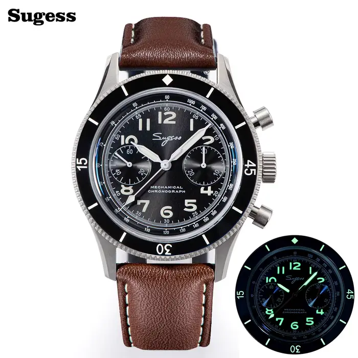 Montre SUGESS Pilote Hommes Chronographe Mécanique Squelette Lumineux Cristal Saphir Cuir Occasions Spéciales