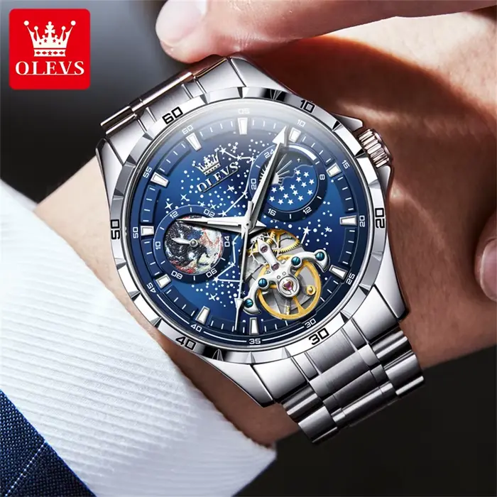 OLEVS volant squelette montre automatique pour hommes lumineux ciel étoilé étanche montre-bracelet d'affaires