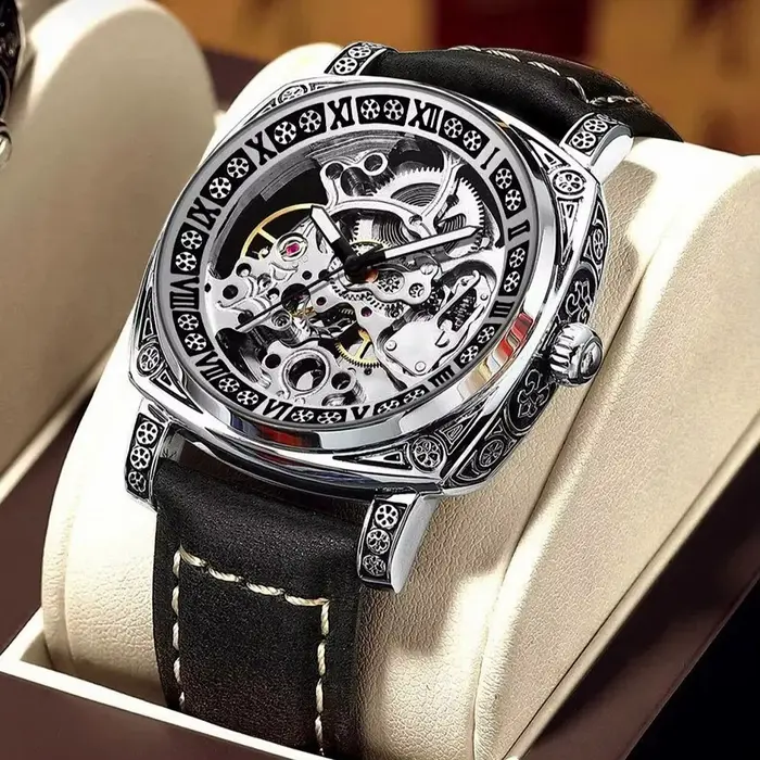 Montre Squelette Luxe Homme Automatique Carré Gravé Bracelet Acier Cuir Aiguilles Lumineuses Occasions Spéciales