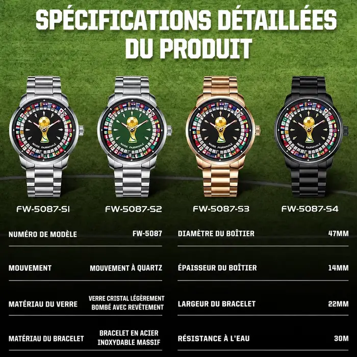 Montre homme MARK FAIRWHALE 5087 avec cadran à dial tournant drapeau, bracelet acier inoxydable, mouvement quartz, résistance à l'eau 3 bars, occasion sportive et quotidienne