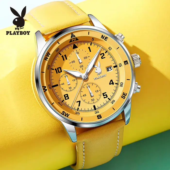 Montre PLAYBOY à Quartz Luxe Homme Bracelet Cuir Décontracté Chronographe Sport Occasions Spéciales