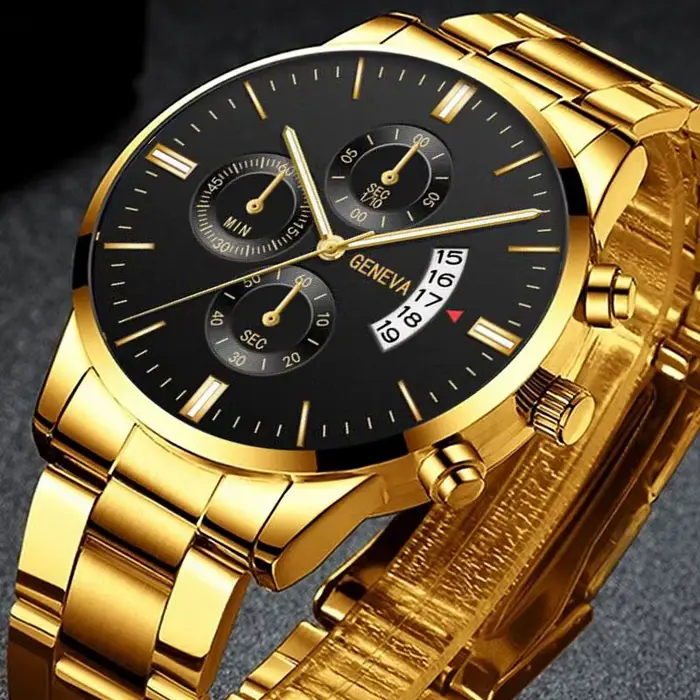Mode Relogio Masculino couleur dorée montres hommes mâle horloge avec calendrier entièrement en acier Quartz montre-bracelet exquis Relojes Saati