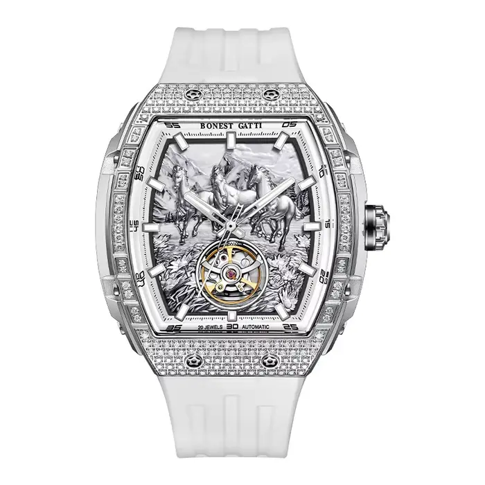 Montre automatique pour homme BONEST GATTI, 47 mm, tonneau, mécanique, étanche, saphir, lumineuse, b