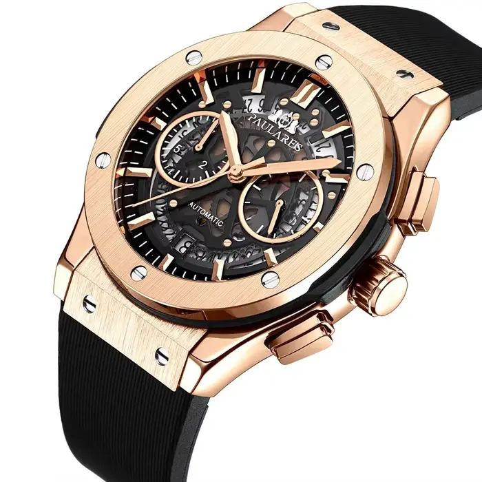 Montre-bracelet automatique de luxe pour homme avec chronographe squelette, or rose, argent, bronze, brun, café, ivoire, multicolore, or rose, or, occasion spéciale homme