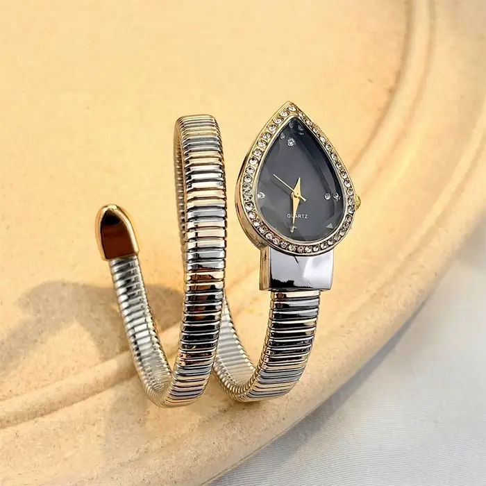 Montre élégante pour femmes avec cadran en forme de goutte d'eau et bracelet en forme de serpent