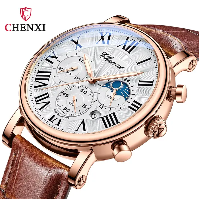 Montre CHENXI 973 Quartz Affaires avec Fonction Phase de la Lune pour Hommes Occasions Spéciales