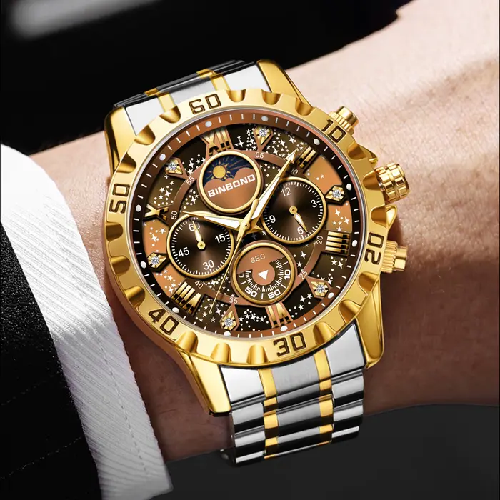 BINBOND luxe mode hommes montres multi-fonctionnel en acier inoxydable Original Quartz montre-bracelet Phase de lune chronographe étanche