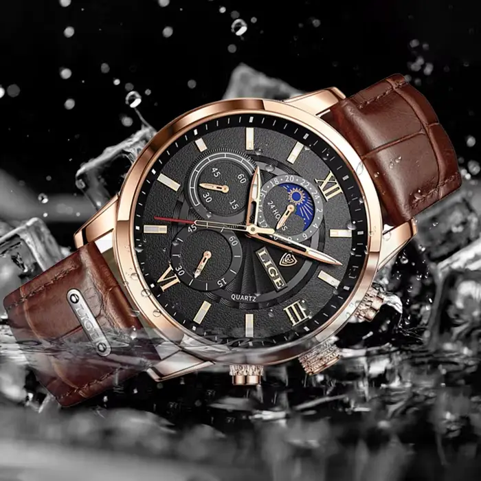 Montre homme LIGE 2026 en acier inoxydable avec bracelet en cuir pour activités sportives et occasions spéciales