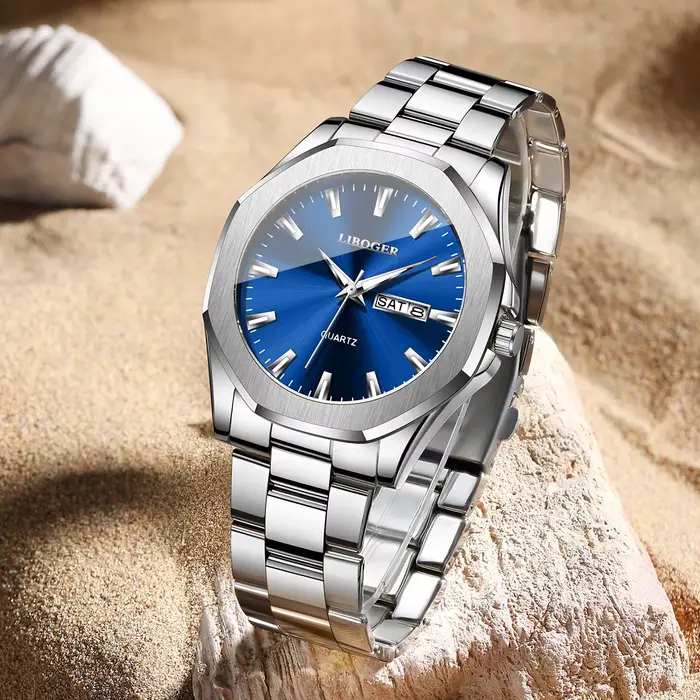 Montre de luxe pour hommes, cadran bleu, en acier inoxydable, calendrier, montre-bracelet à Quartz, horloge d'affaires pour hommes (sans boîte)