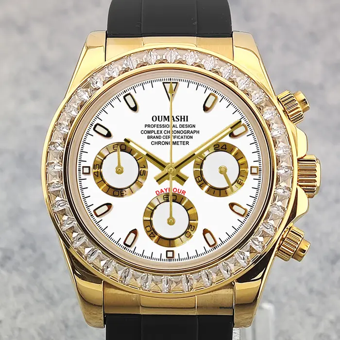 OUMASHI 42mm diamant or montre chronographe pour hommes VK63 mouvement à Quartz verre saphir lumineu