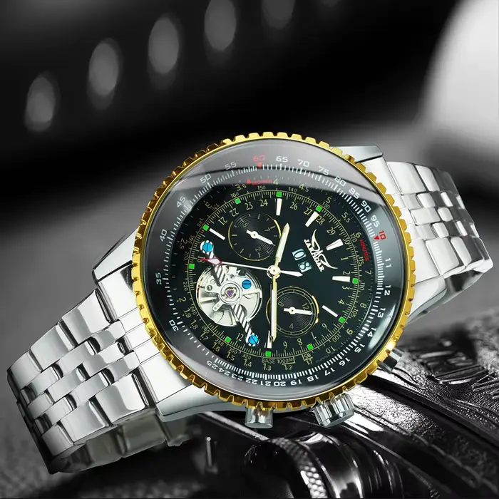 Jaragar montre automatique de sport militaire pour hommes multifonction Tourbillon squelette montres mécaniques bracelet en cuir en acier de luxe