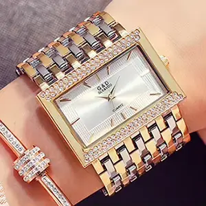 G & D-Montre-bracelet rectangulaire pour femme, horloge à quartz, bracelet doré en cristal, mode de 