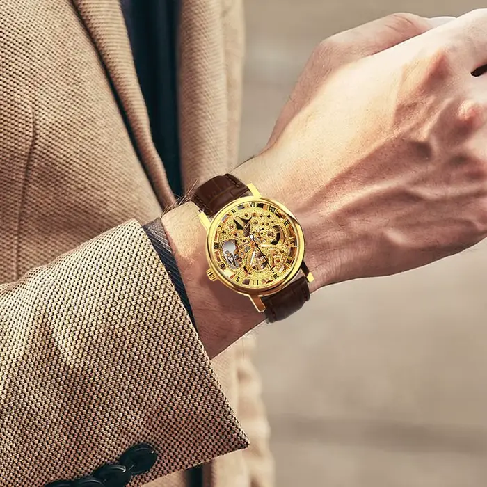 Montre homme Gagnant Seton avec boîtier doré transparent, bracelet en cuir, horloge mécanique de luxe, cadeau pour hommes occasions spéciales Saint Valentin Noël Carnaval
