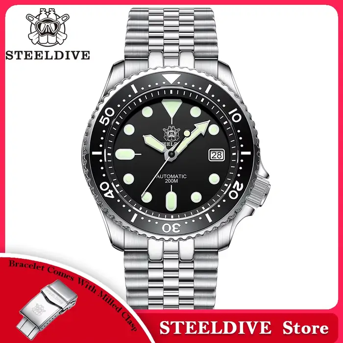 Montre de plongée Steeldive SD1996AC automatique sportive résistante à l'eau avec mouvement NH35 pour hommes ocassions spéciales plongée et exploration