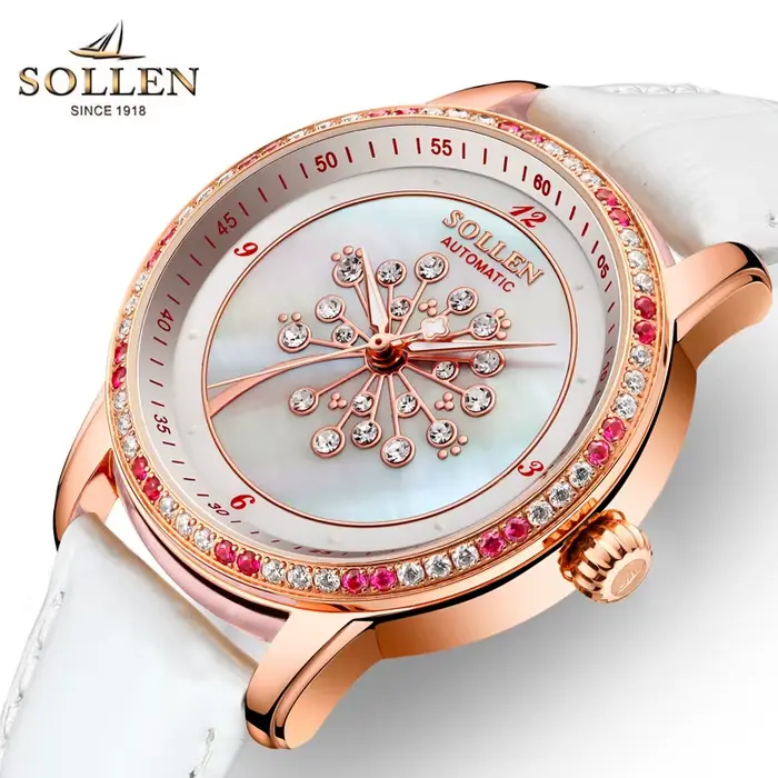 SOLLEN SL408 montre mécanique automatique pour femme de luxe marque suisse saphir cristal étanche diamant bracelet en cuir
