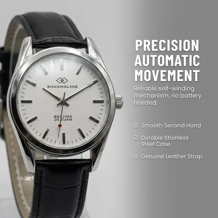 Montre-bracelet automatique vintage pour homme Occasions Spéciales Boucle Ardillon Acier Inoxydable Bracelet Cuir Noir