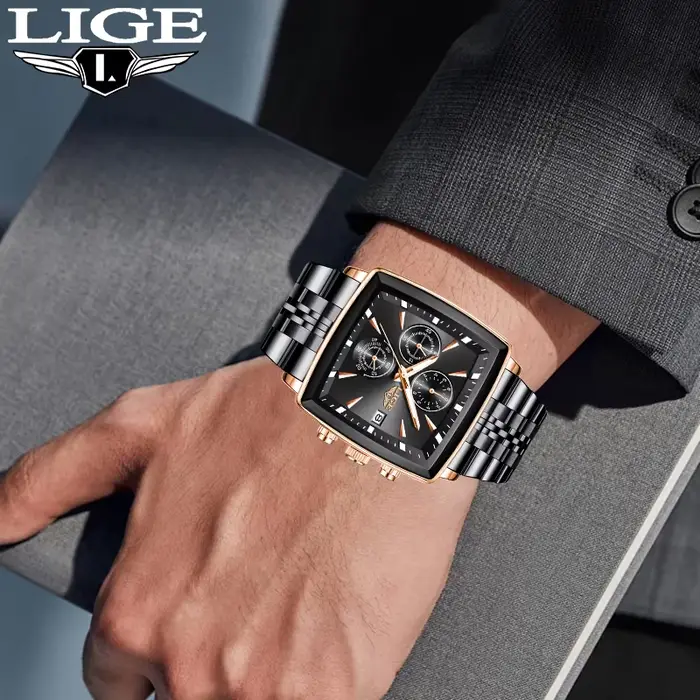 Montre homme LIGE avec cadran carré acier inoxydable étanche chronographe auto date pour hommes occassions diverses