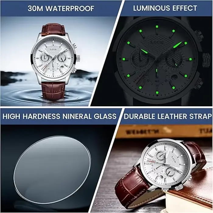 Montre-bracelet à quartz homme élégante et sportive avec calendrier complet et résistance à l'eau 3 bars occasions spéciales cadeau