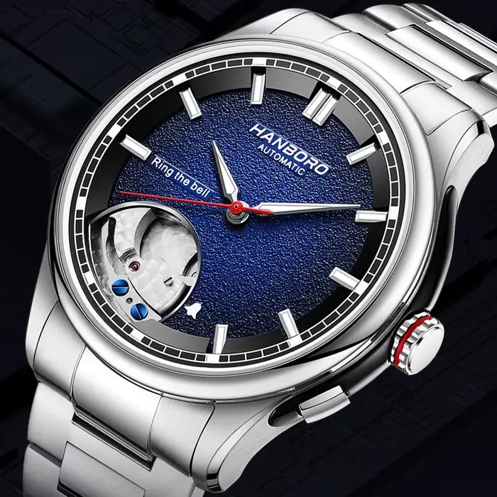 Montre automatique homme HANBORO édition limitée acier inoxydable bracelet caoutchouc alarme cadran squelette saphir occasions spéciales