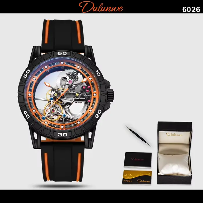 Dulunwe montre mécanique pour hommes 46MM fenêtre cadran creux remontage automatique mode rouge spor