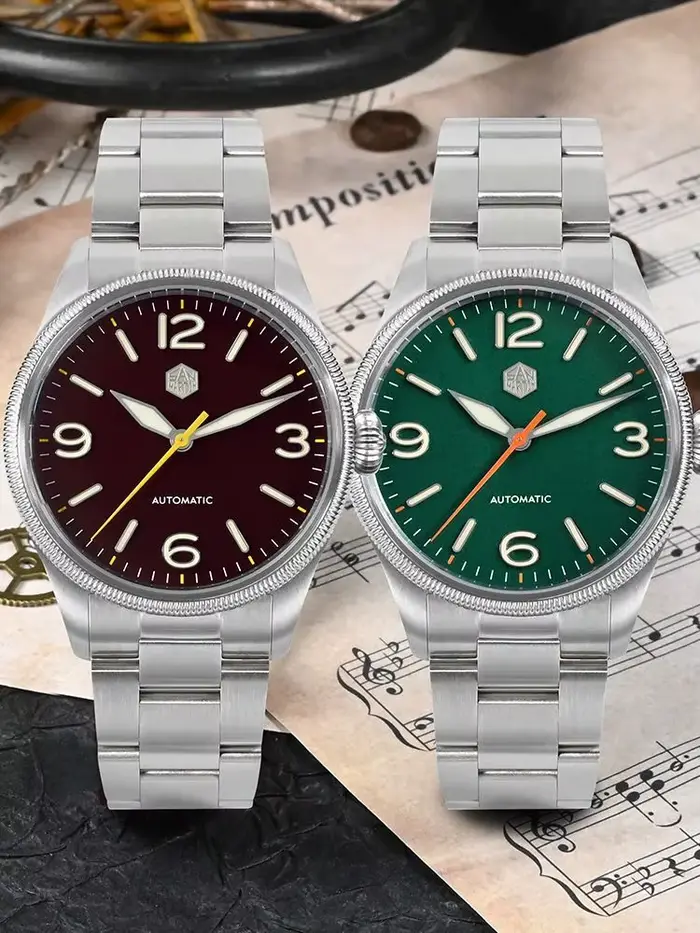 Montre San Martin 38.5mm NH35 Automatique Étanche avec Bracelet en Cuir Suédé pour Occasions Spéciales Robuste et Élégante