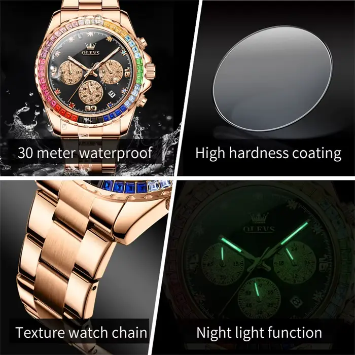 Montre homme OLEVS arc-en-ciel pierre précieuse lunette affichage date automatique résistante à l'eau occassions sport et élégance
