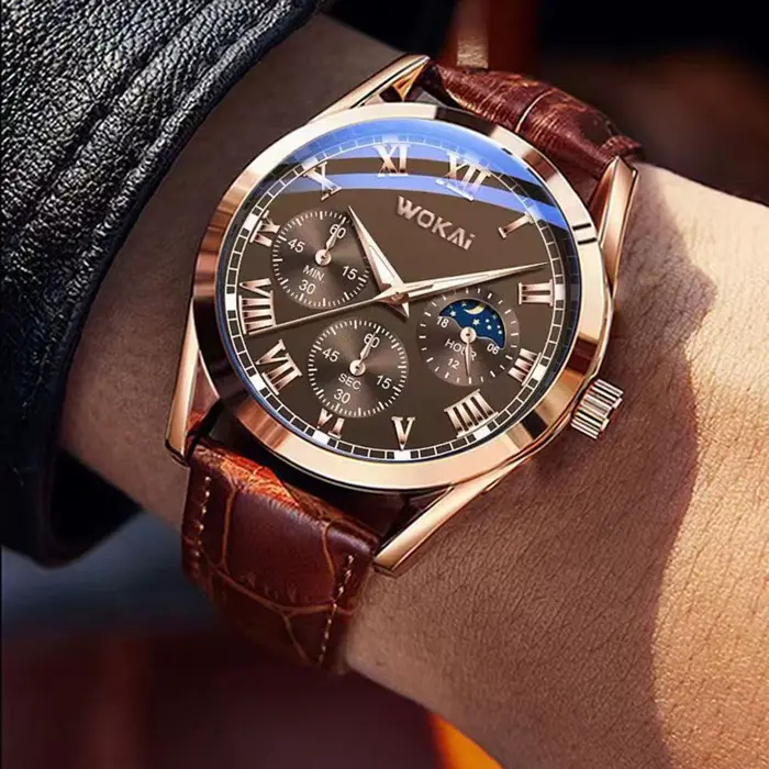 Montre-bracelet à quartz en cuir PU pour hommes