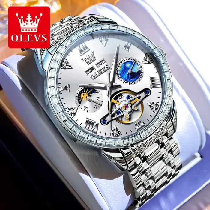 OLEVS-Montre Mécanique pour Homme, Tourbillon, Cadran Multifonctionnel, Profond, Étanche, Phase de L
