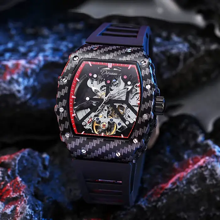 Montre mécanique dulunwe homme avec tourbillon squelette résistante à l'eau pour hommes luxe occassions spéciales quartz acier inoxydable silicone