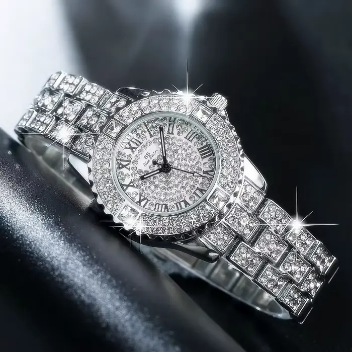 Montre en alliage avec cadran en diamant pour femmes, bracelet en or rose, argent, or, mouvement quartz, élégante et sophistiquée pour toutes les occasions